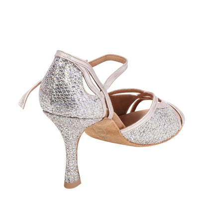 Rummos Damen Tanzschuhe Claire GT8-147 - Obermaterial: GlitterLux/Leder - Farbe: Platin - Weite: Normal - Absatz: 70R Flare - Größe: EUR 33,5