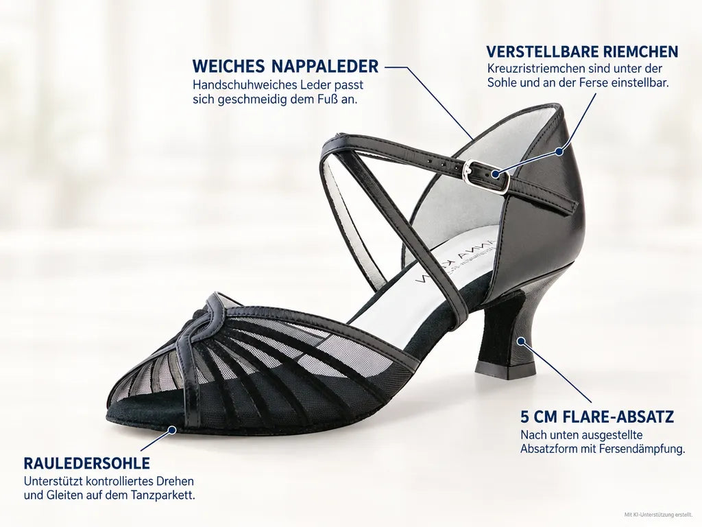 Anna Kern Damen Tanzschuhe 624-50 – Produktinfografik, mit KI-Unterstützung erstellt.