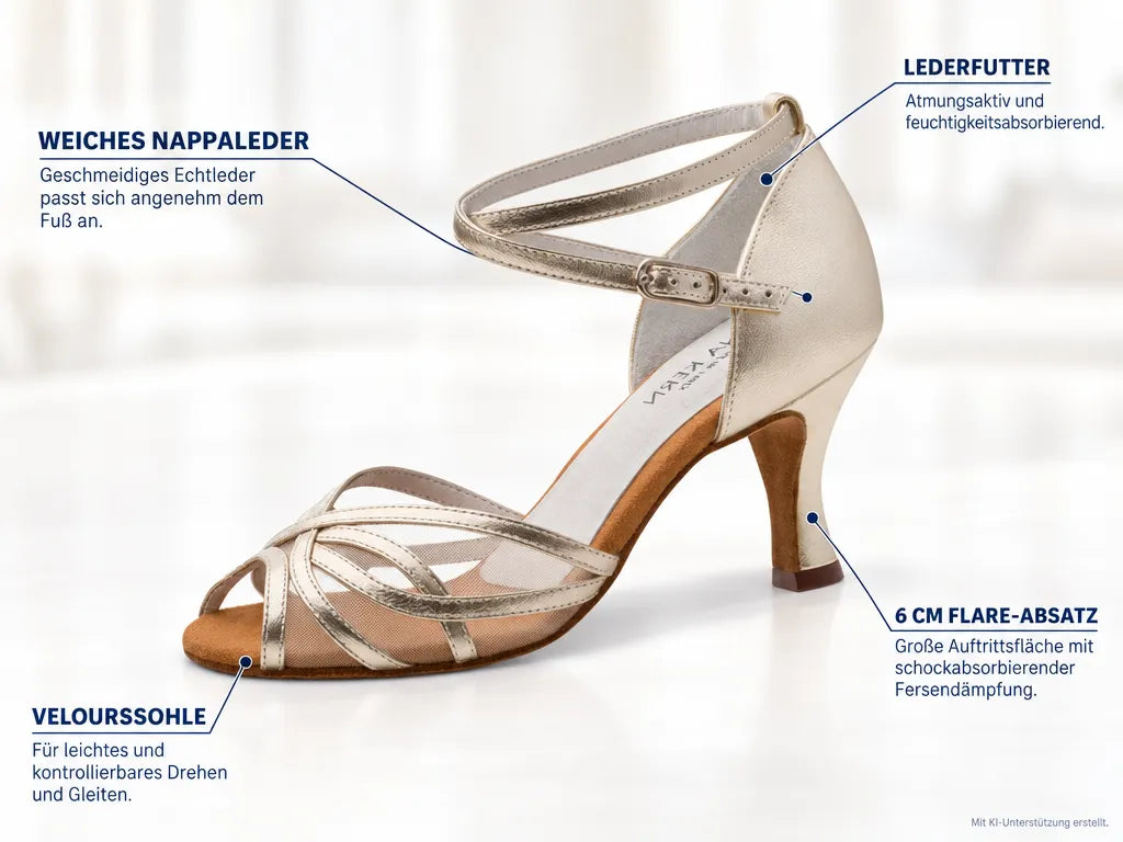 Anna Kern Damen Tanzschuhe 740-60 Gold – Produktinfografik, mit KI-Unterstützung erstellt.