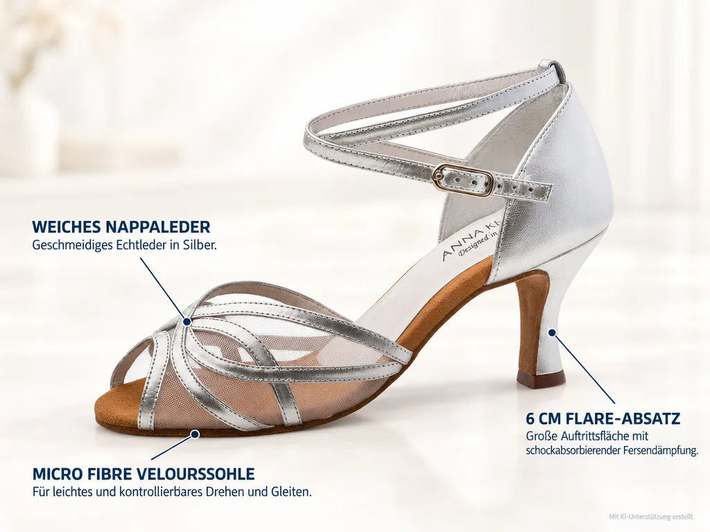 Anna Kern Damen Tanzschuhe 740-60 Silber – Produktinfografik, mit KI-Unterstützung erstellt.