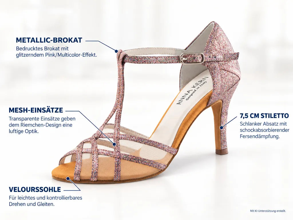 Anna Kern Damen Tanzschuhe 870-75 Pink/Multi – Produktinfografik, mit KI-Unterstützung erstellt.