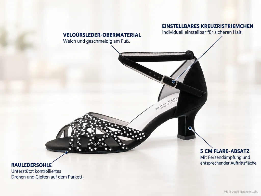Anna Kern Damen Tanzschuhe Clemence – Produktinfografik, mit KI-Unterstützung erstellt.