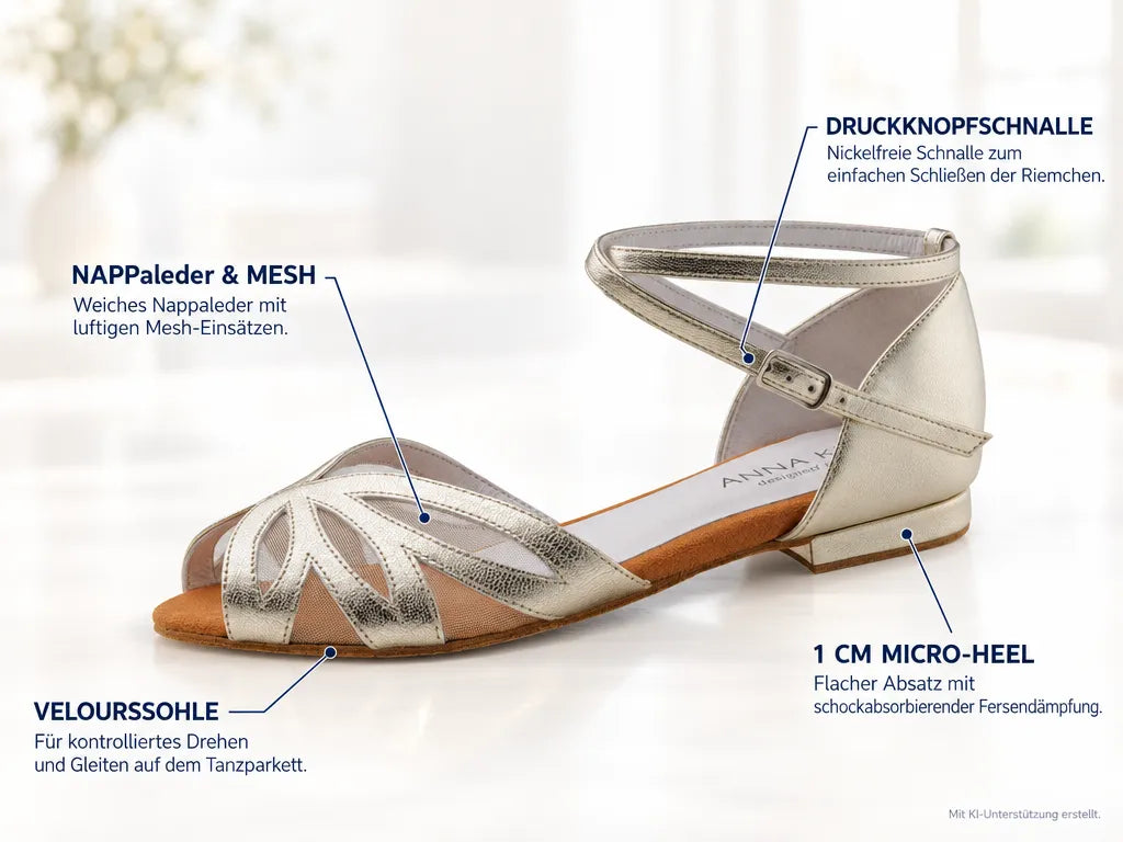 Anna Kern Damen Tanzschuhe Margo – Produktinfografik, mit KI-Unterstützung erstellt.