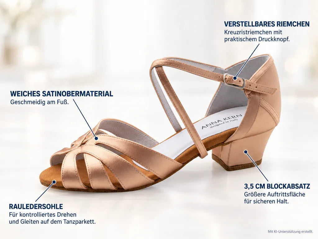Anna Kern Damen Tanzschuhe Monique – Produktinfografik, mit KI-Unterstützung erstellt.