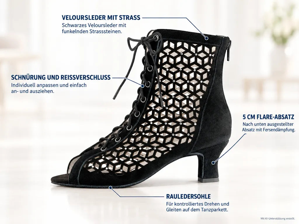 Anna Kern Damen Tanzstiefel Elaine – Produktinfografik, mit KI-Unterstützung erstellt.