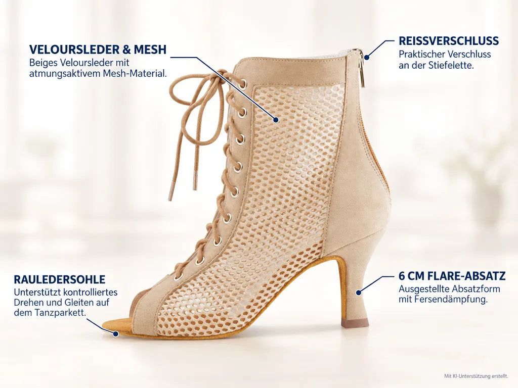 Anna Kern Damen Tanzstiefel Melisande – Produktinfografik, mit KI-Unterstützung erstellt.