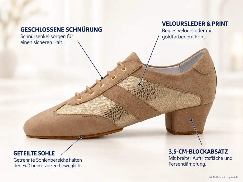 Anna Kern Damen Trainerschuhe Sandrine Beige/Gold – Produktinfografik, mit KI-Unterstützung erstellt.