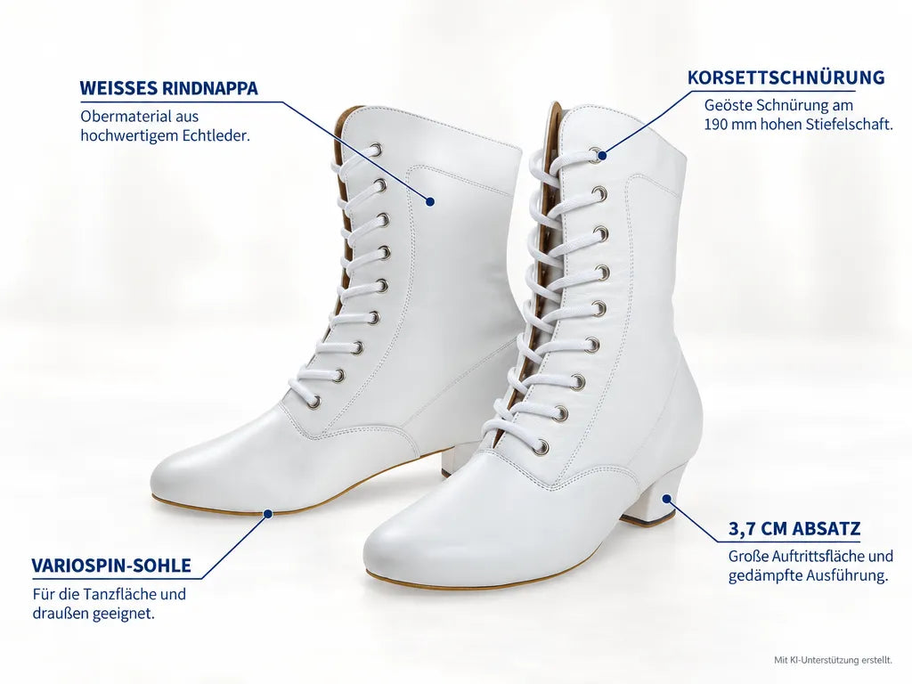 Diamant Damen Garde Tanzstiefel 208-334-033-Y – Produktinfografik, mit KI-Unterstützung erstellt.