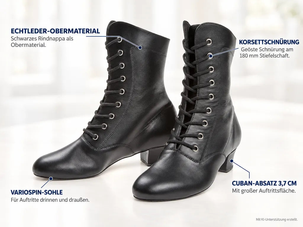 Diamant Damen Garde Tanzstiefel 208-334-034-V – Produktinfografik, mit KI-Unterstützung erstellt.