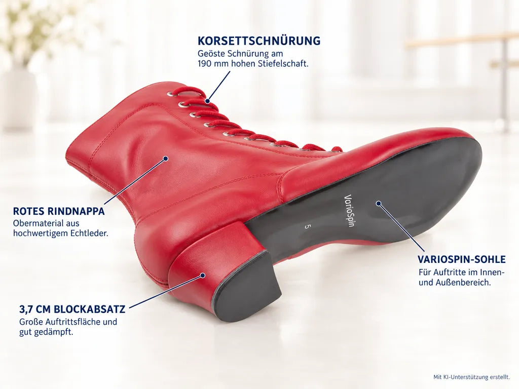 Diamant Damen Garde Tanzstiefel 208-334-640-V – Produktinfografik, mit KI-Unterstützung erstellt.