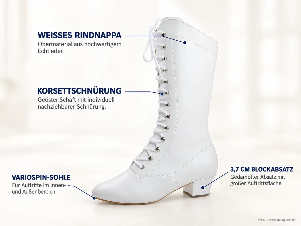 Diamant Damen Garde Tanzstiefel 209-434-033-Y – Produktinfografik, mit KI-Unterstützung erstellt.