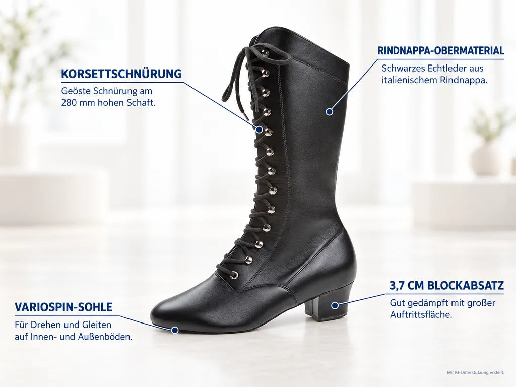 Diamant Damen Garde Tanzstiefel 209-434-034-V – Produktinfografik, mit KI-Unterstützung erstellt.