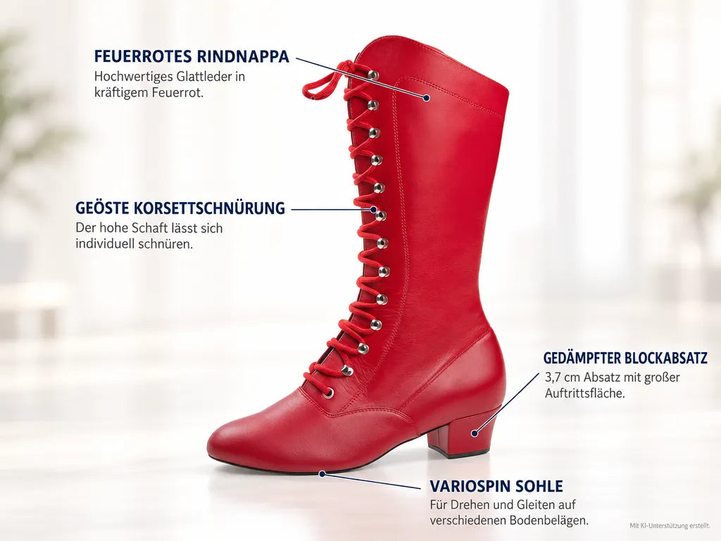 Diamant Damen Garde Tanzstiefel 209-434-640-V – Produktinfografik, mit KI-Unterstützung erstellt.