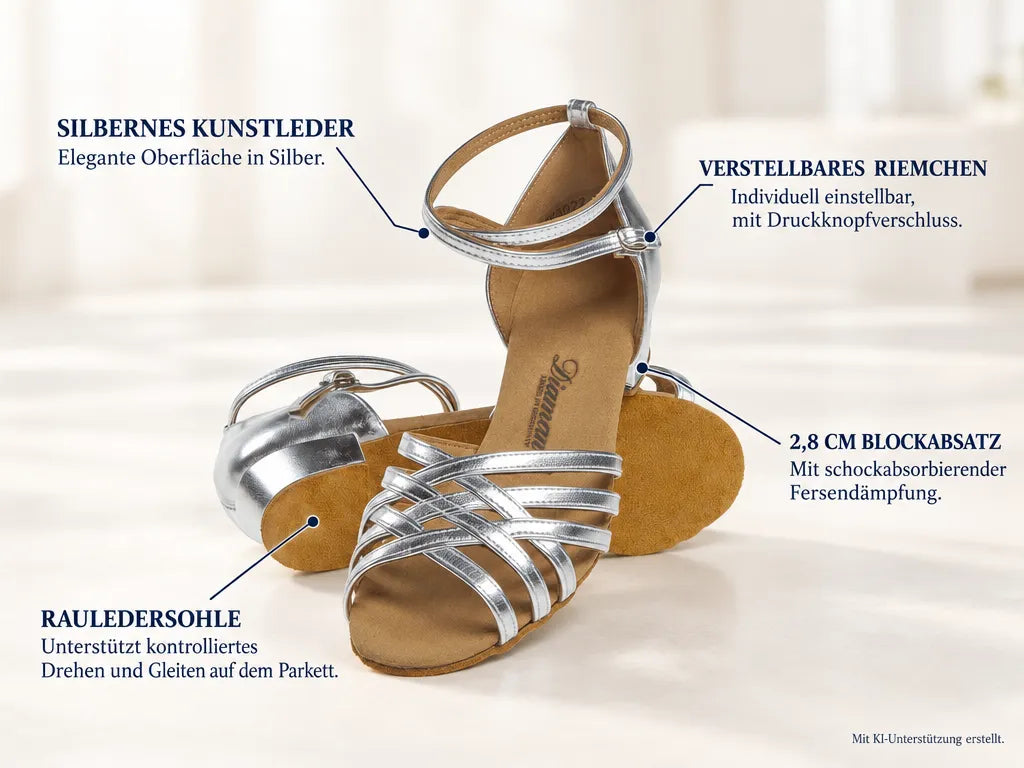 Diamant Damen Tanzschuhe 008-035-013 – Produktinfografik, mit KI-Unterstützung erstellt.