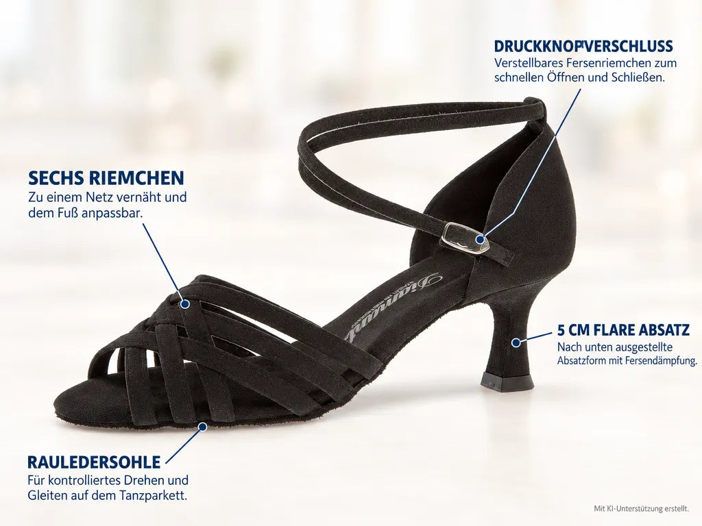 Diamant Damen Tanzschuhe 008-077-335 – Produktinfografik, mit KI-Unterstützung erstellt.