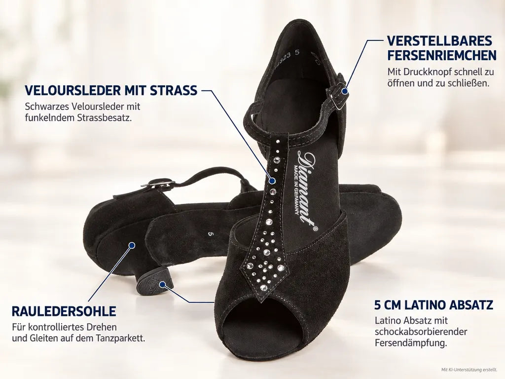 Diamant Damen Tanzschuhe 010-064-101 – Produktinfografik, mit KI-Unterstützung erstellt.