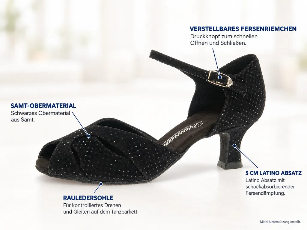 Diamant Damen Tanzschuhe 011-064-156 – Produktinfografik, mit KI-Unterstützung erstellt.