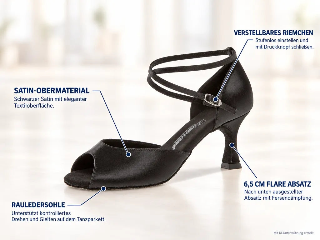 Diamant Damen Tanzschuhe 017-087-091 – Produktinfografik, mit KI-Unterstützung erstellt.