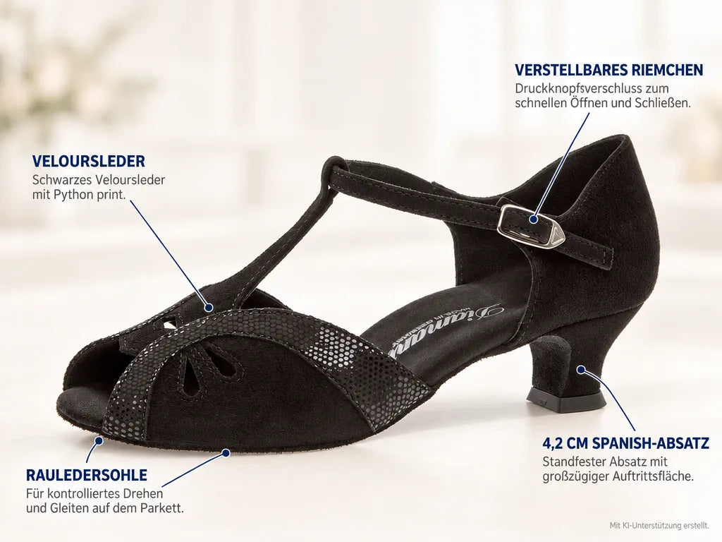 Diamant Damen Tanzschuhe 019-011-208 – Produktinfografik, mit KI-Unterstützung erstellt.