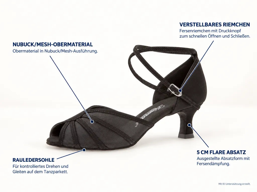 Diamant Damen Tanzschuhe 020-077-040 – Produktinfografik, mit KI-Unterstützung erstellt.