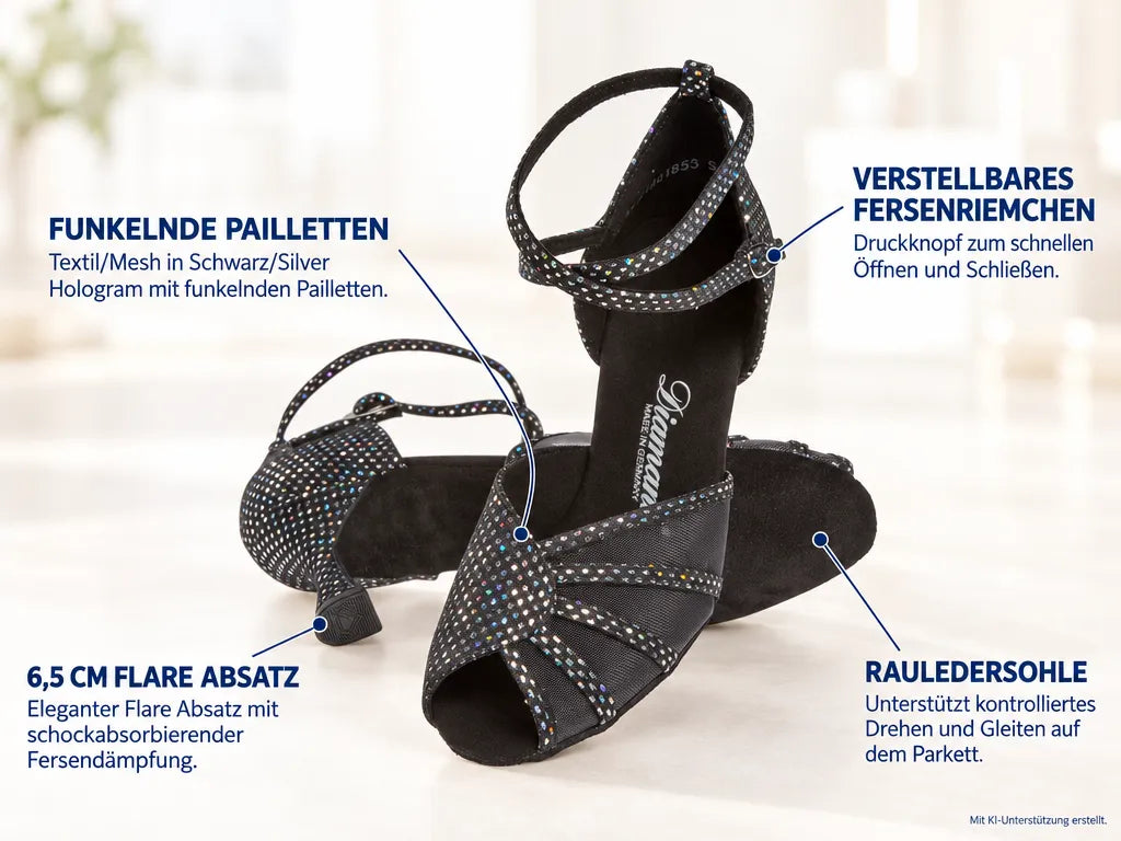 Diamant Damen Tanzschuhe 020-087-183 – Produktinfografik, mit KI-Unterstützung erstellt.