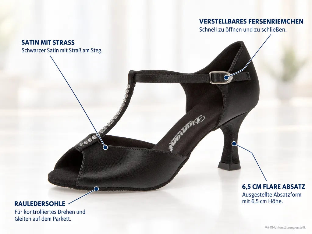 Diamant Damen Tanzschuhe 025-087-091 – Produktinfografik, mit KI-Unterstützung erstellt.