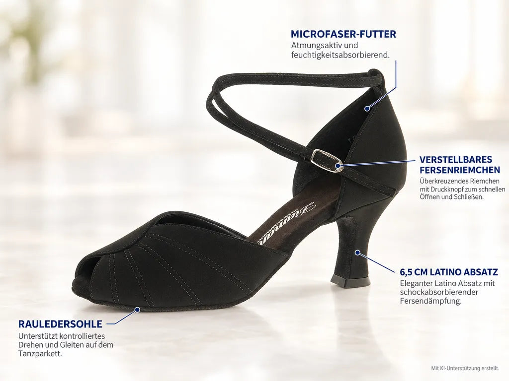 Diamant Damen Tanzschuhe 027-060-040 – Produktinfografik, mit KI-Unterstützung erstellt.