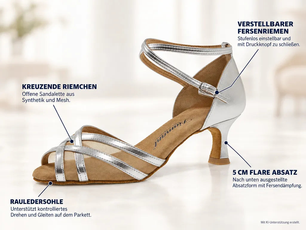 Diamant Damen Tanzschuhe 035-077-013 – Produktinfografik, mit KI-Unterstützung erstellt.