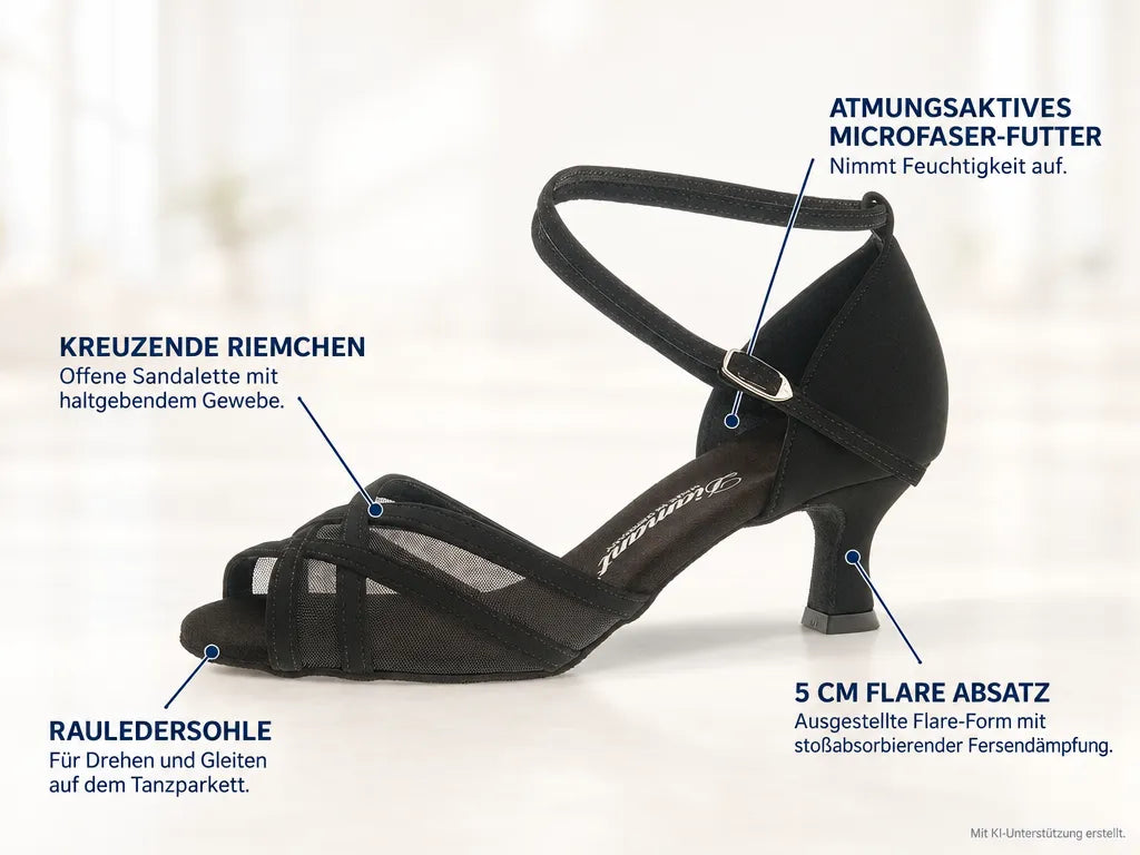 Diamant Damen Tanzschuhe 035-077-040 – Produktinfografik, mit KI-Unterstützung erstellt.