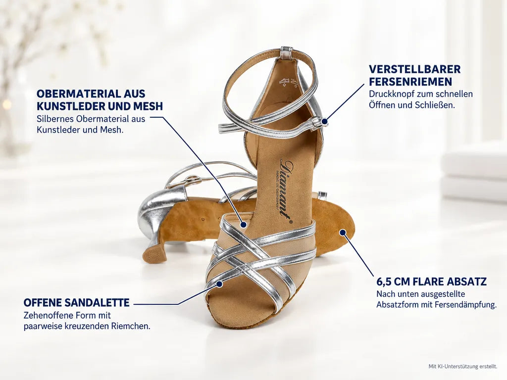 Diamant Damen Tanzschuhe 035-087-013 – Produktinfografik, mit KI-Unterstützung erstellt.