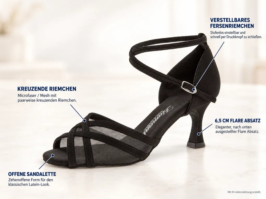 Diamant Damen Tanzschuhe 035-087-040 – Produktinfografik, mit KI-Unterstützung erstellt.