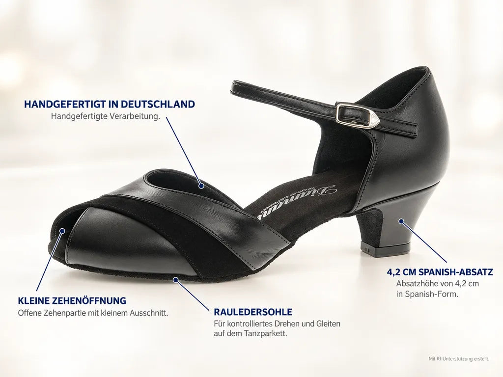 Diamant Damen Tanzschuhe 043-032-070 – Produktinfografik, mit KI-Unterstützung erstellt.