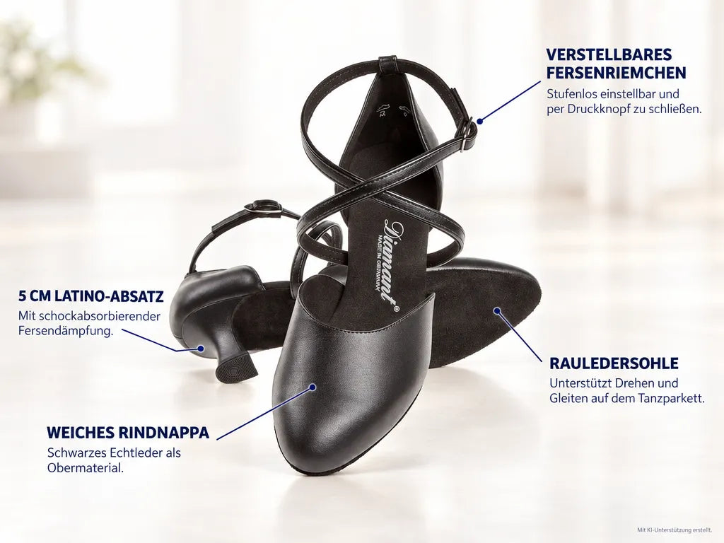 Diamant Damen Tanzschuhe 048-068-034 – Produktinfografik, mit KI-Unterstützung erstellt.