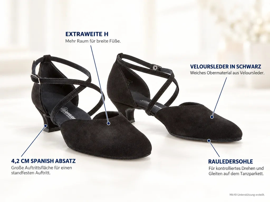 Diamant Damen Tanzschuhe 048-112-001 – Produktinfografik, mit KI-Unterstützung erstellt.
