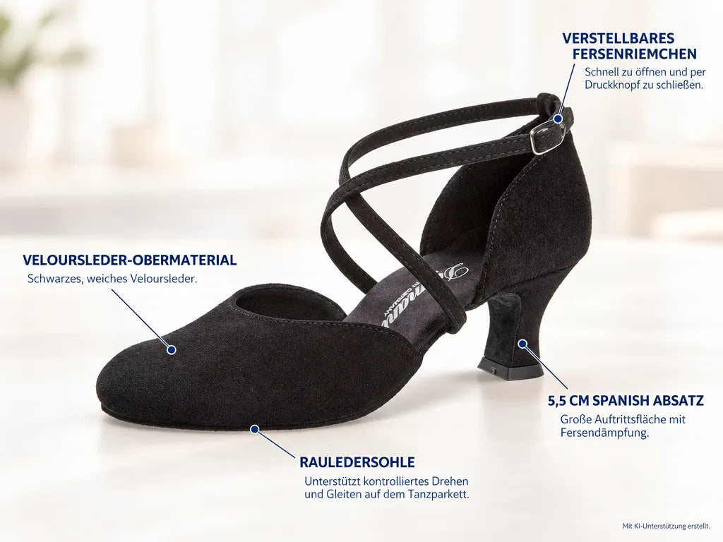 Diamant Damen Tanzschuhe 048-113-001 – Produktinfografik, mit KI-Unterstützung erstellt.