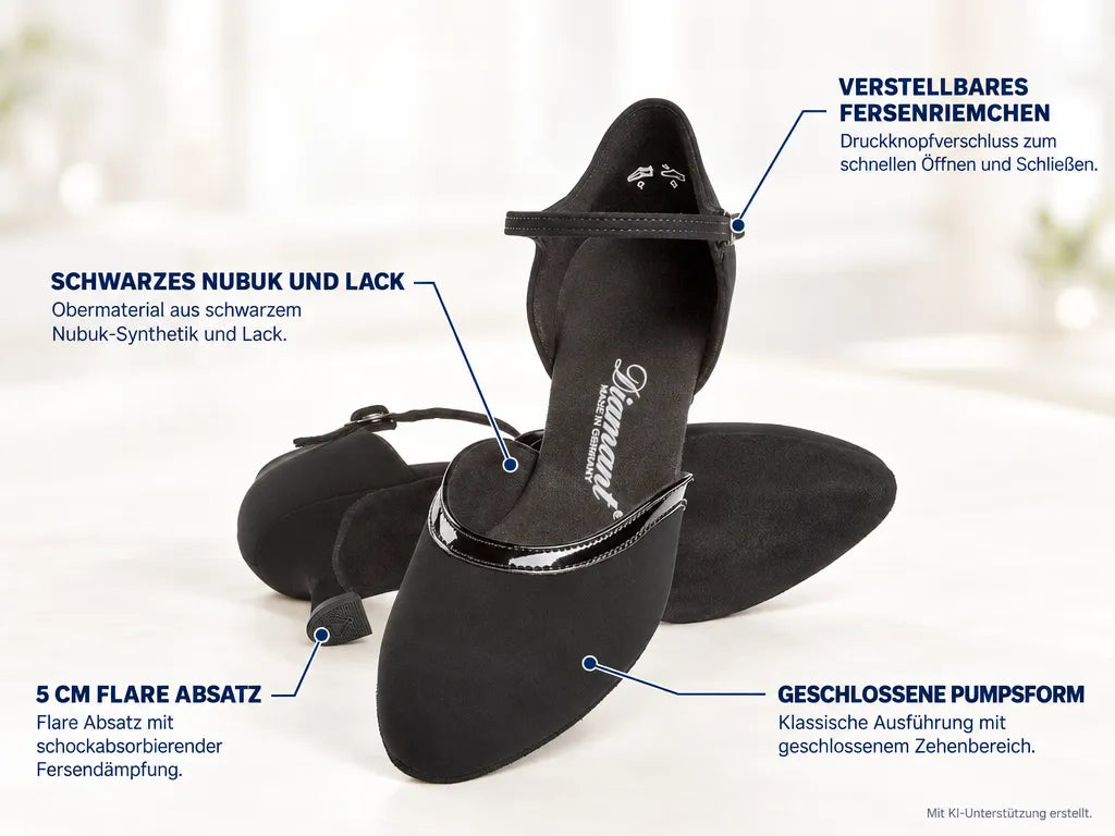 Diamant Damen Tanzschuhe 049-106-106 – Produktinfografik, mit KI-Unterstützung erstellt.