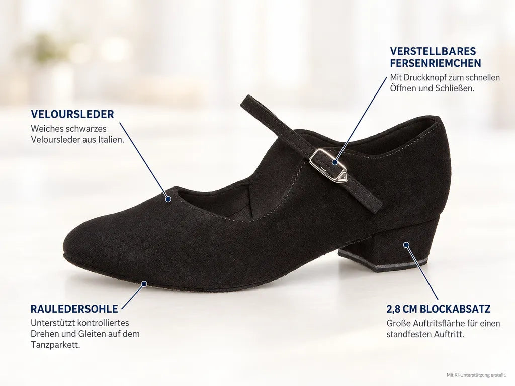 Diamant Damen Tanzschuhe 050-029-001 – Produktinfografik, mit KI-Unterstützung erstellt.