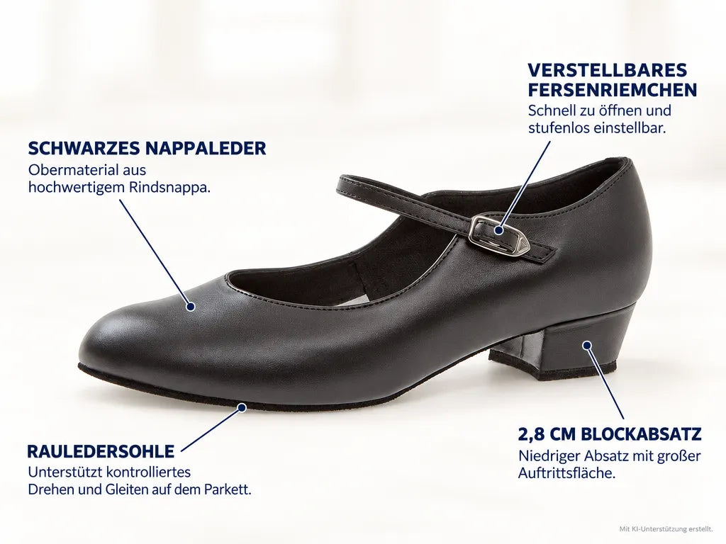 Diamant Damen Tanzschuhe 050-029-034 – Produktinfografik, mit KI-Unterstützung erstellt.