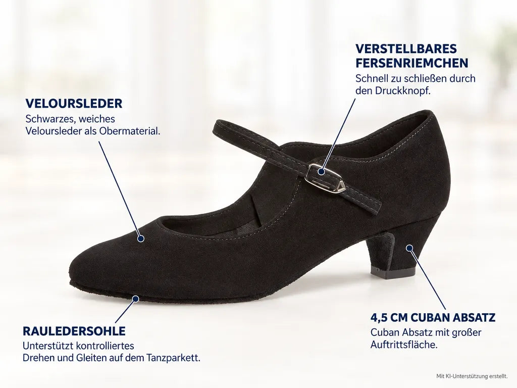 Diamant Damen Tanzschuhe 050-047-001 – Produktinfografik, mit KI-Unterstützung erstellt.