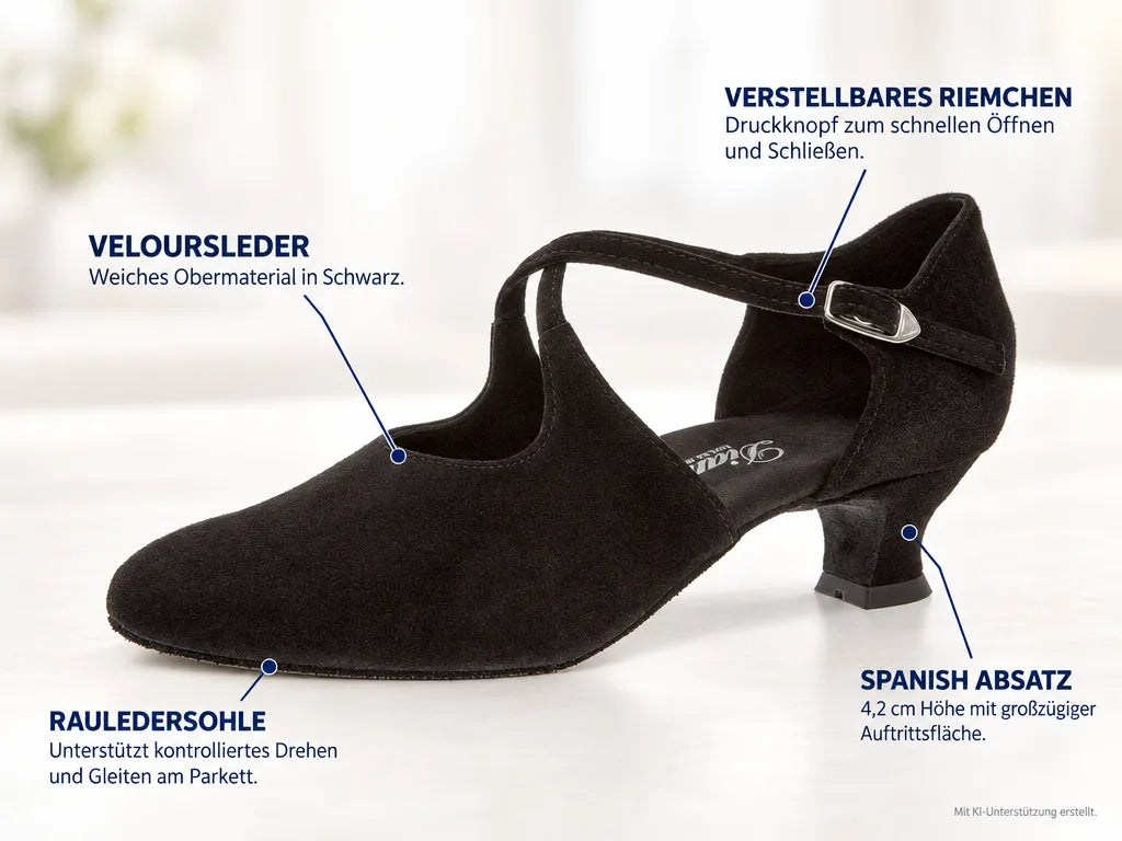 Diamant Damen Tanzschuhe 052-112-001 – Produktinfografik, mit KI-Unterstützung erstellt.