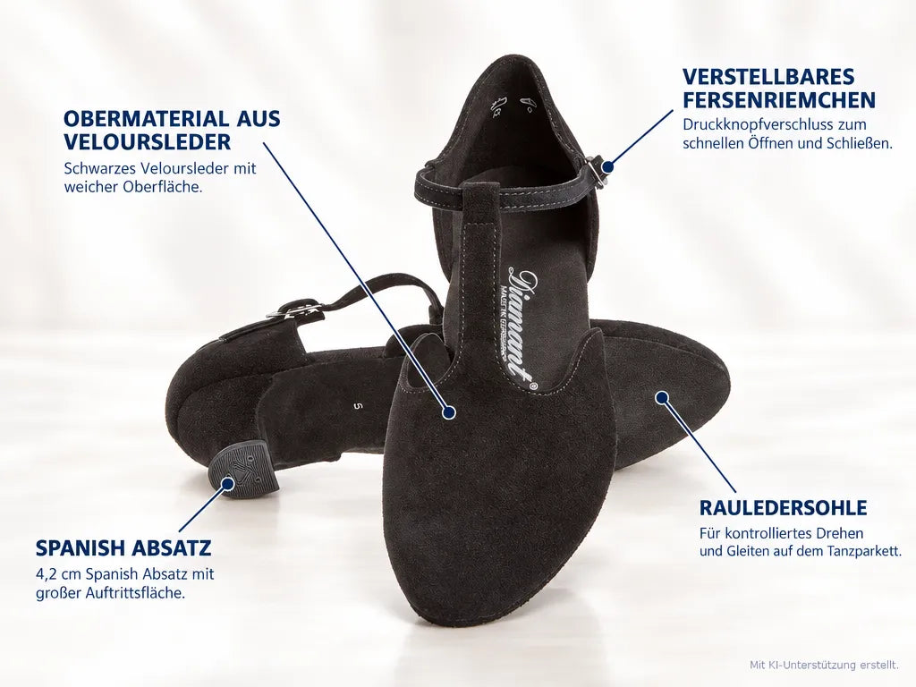 Diamant Damen Tanzschuhe 053-014-001 – Produktinfografik, mit KI-Unterstützung erstellt.
