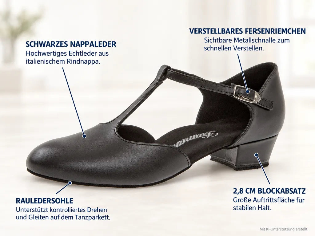 Diamant Damen Tanzschuhe 053-029-034 – Produktinfografik, mit KI-Unterstützung erstellt.