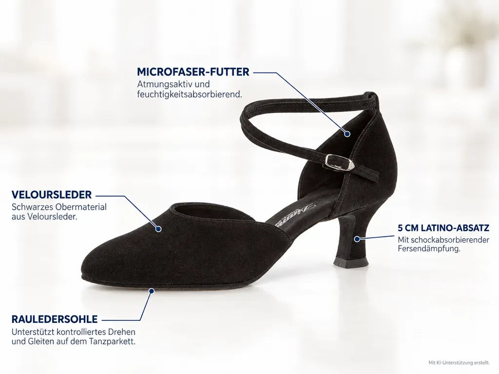 Diamant Damen Tanzschuhe 058-068-001 – Produktinfografik, mit KI-Unterstützung erstellt.