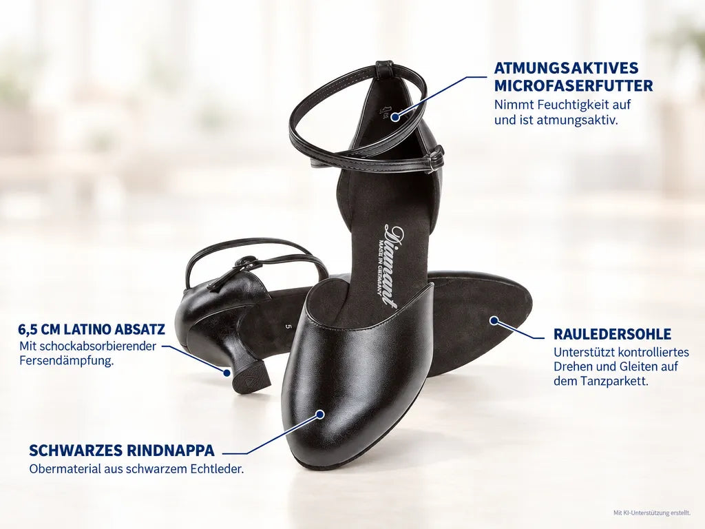Diamant Damen Tanzschuhe 058-080-034 – Produktinfografik, mit KI-Unterstützung erstellt.