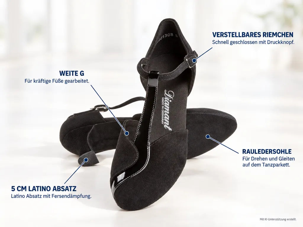 Diamant Damen Tanzschuhe 068-069-008 – Produktinfografik, mit KI-Unterstützung erstellt.