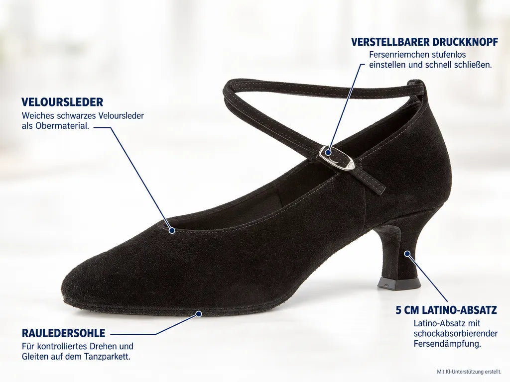 Diamant Damen Tanzschuhe 075-068-001 – Produktinfografik, mit KI-Unterstützung erstellt.