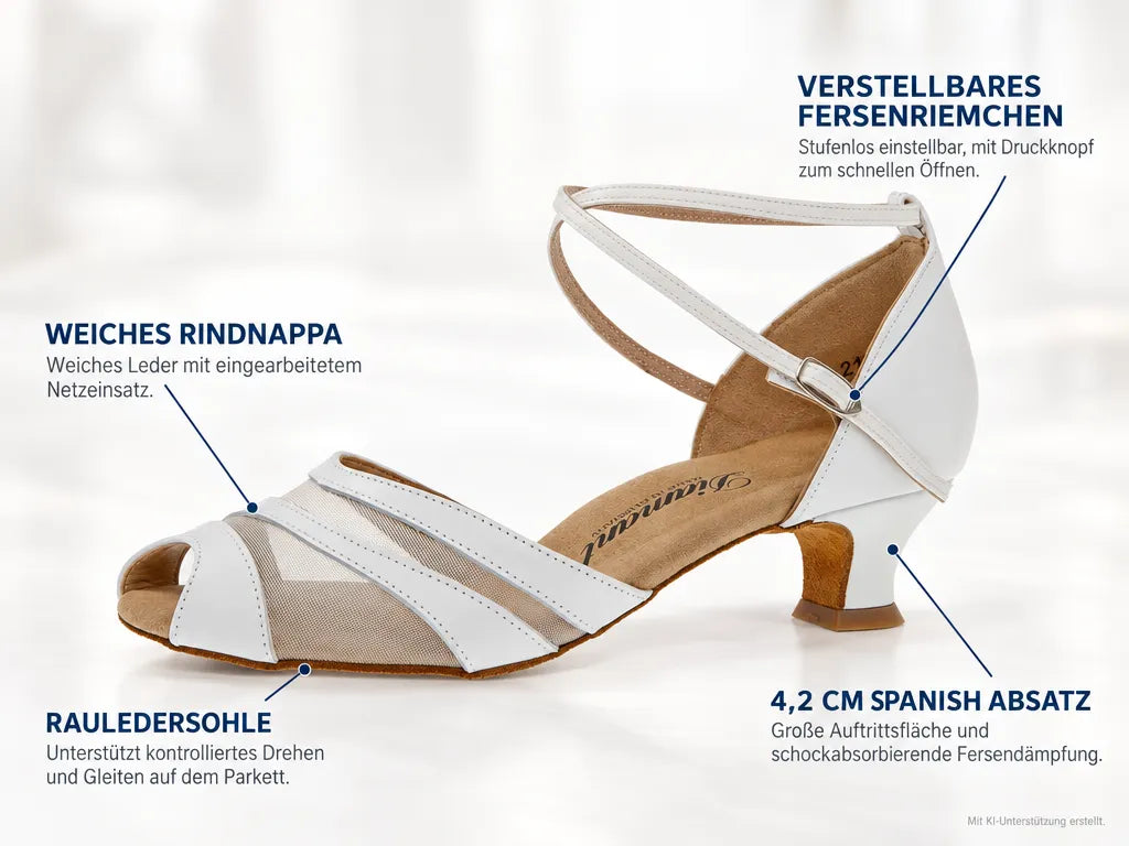 Diamant Damen Tanzschuhe 102-011-033 – Produktinfografik, mit KI-Unterstützung erstellt.
