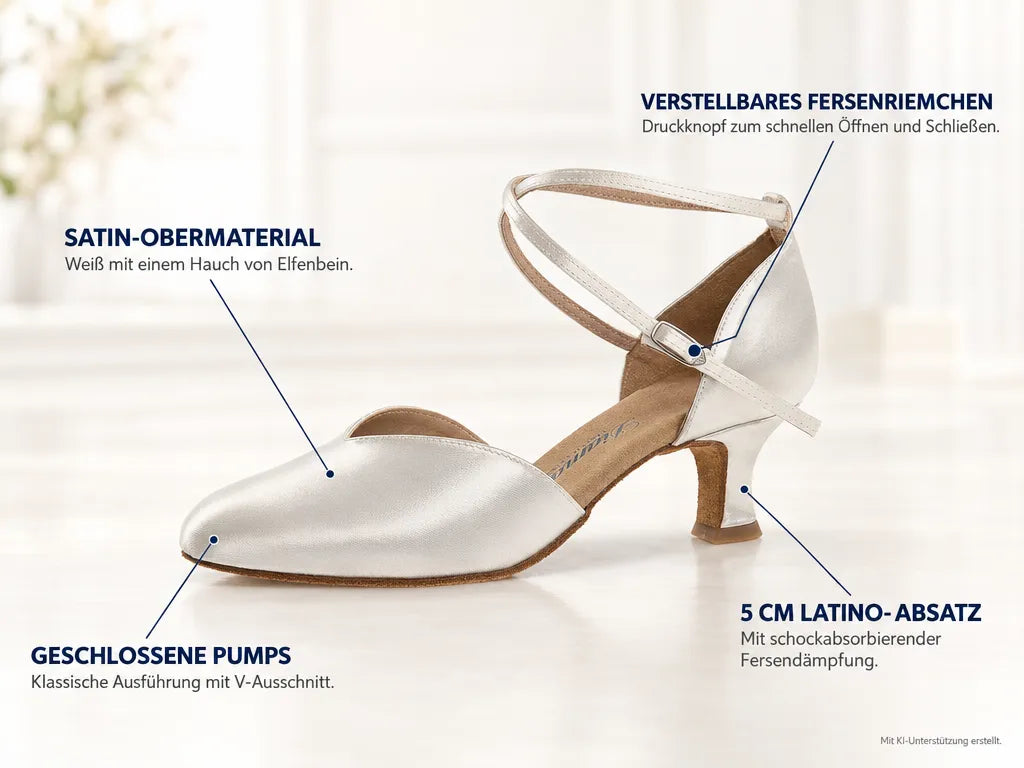 Diamant Damen Tanzschuhe 105-068-092 – Produktinfografik, mit KI-Unterstützung erstellt.