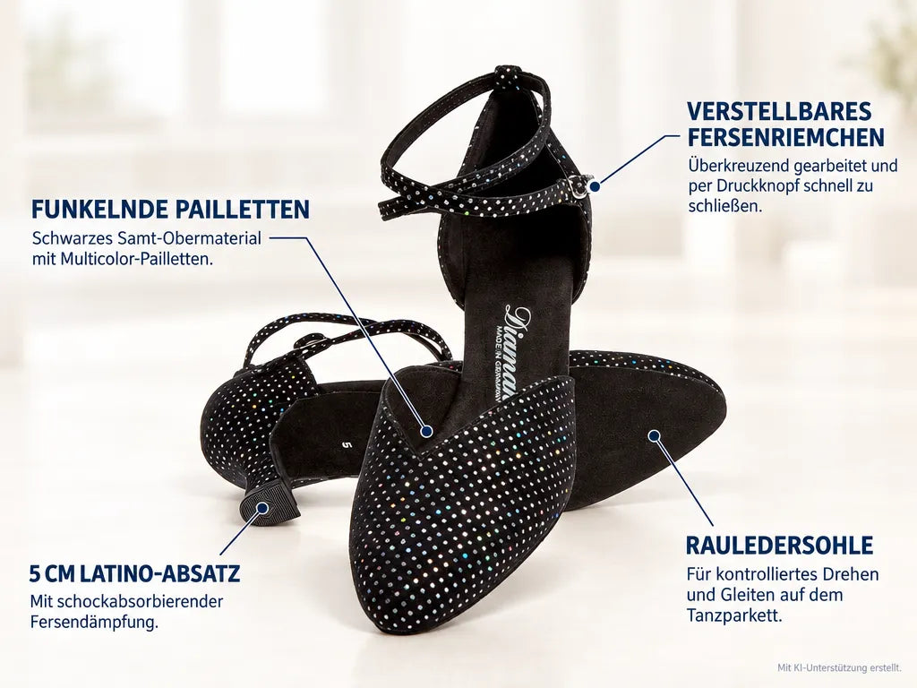 Diamant Damen Tanzschuhe 105-068-155 – Produktinfografik, mit KI-Unterstützung erstellt.