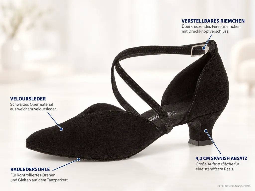 Diamant Damen Tanzschuhe 107-013-001 – Produktinfografik, mit KI-Unterstützung erstellt.